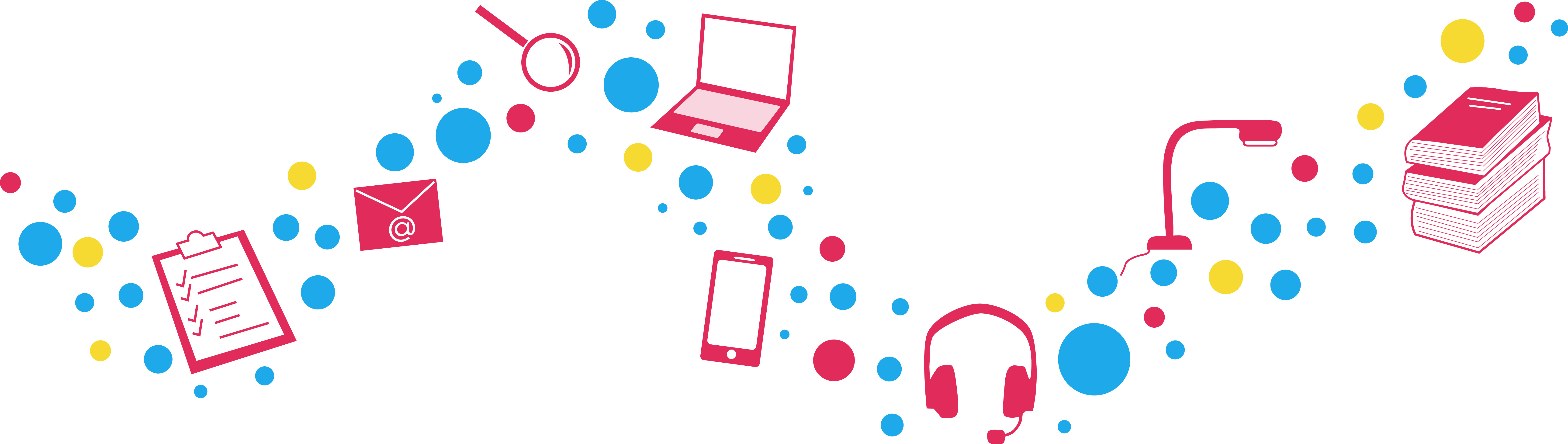 Different icons in a wavy line with bubbles in pink, blue and yellow