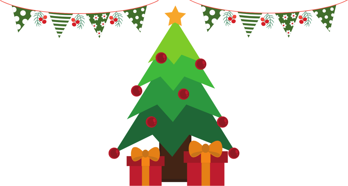 a Christmas tree graphic with festive bunting along the top