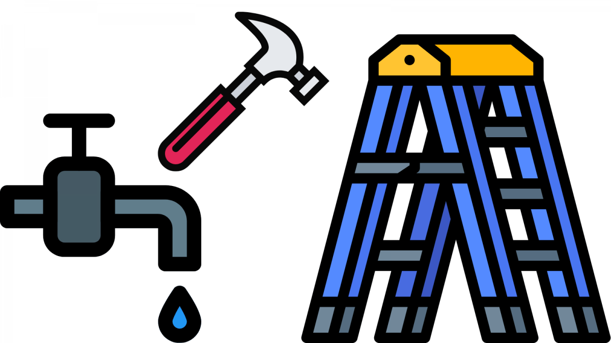 Graphics of a hammer, dripping tap and a step ladder