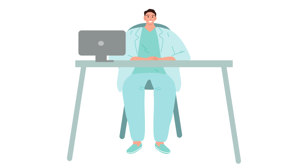 graphic of a doctor sat behind a desk smiling