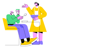 Illustration shows older man sat in chair with a hot drink, and table in front of him. Next to him stands a nurse holding a bowl towards the man.