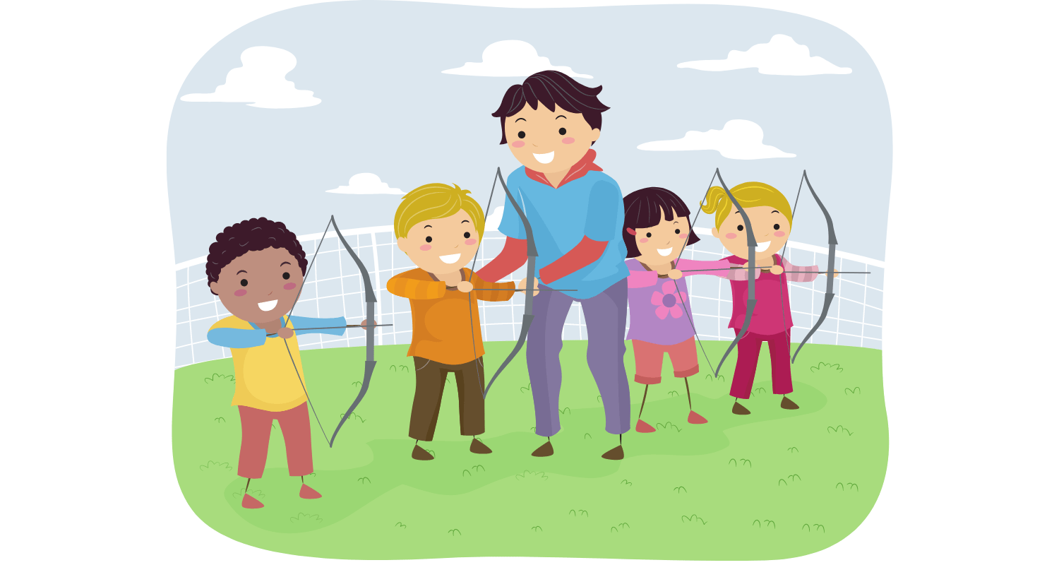 graphic of four young children with archery equipment being supervised by an adult