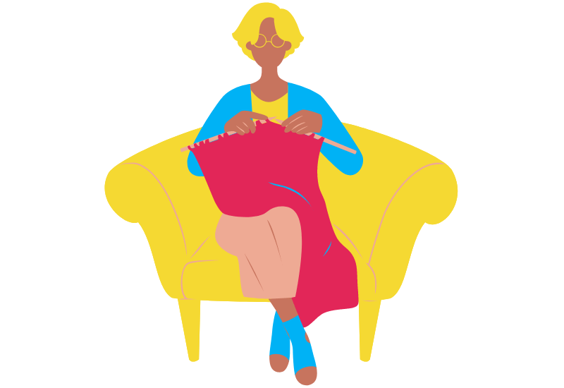 graphic of a lady sat in an armchair knitting