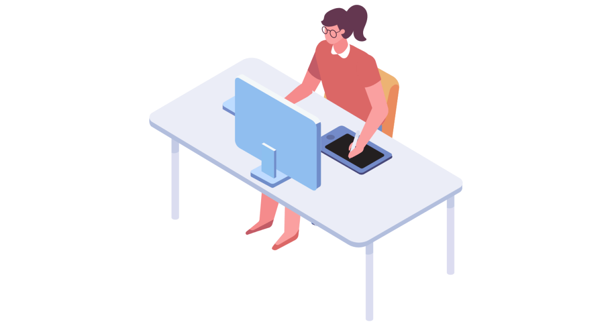 graphic of a lady sat a desk operating a computer