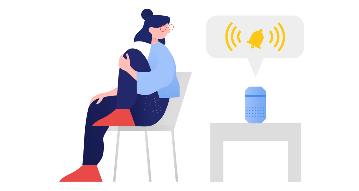 Graphic showing a young lady sitting on a chair with a smart speaker on a table behind her. There is an alarm symbol above the smart speaker.