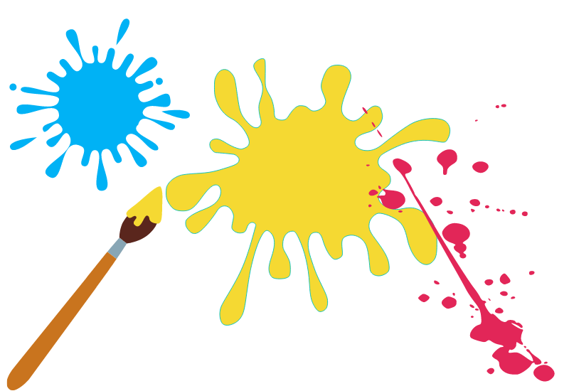 graphics of coloured paint splashes and a paint brush
