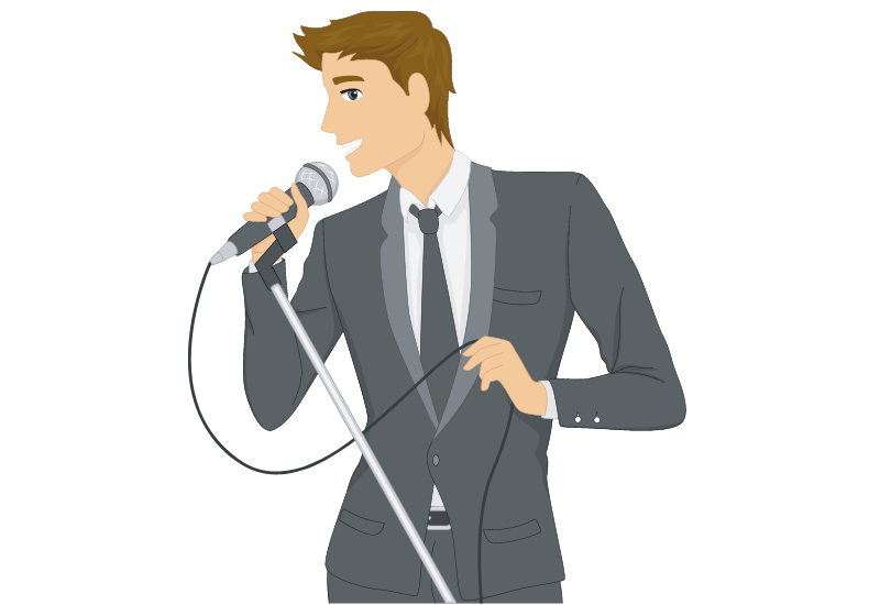 graphic of a man singing, wearing a suit in the style of a crooner or Rat Pack member