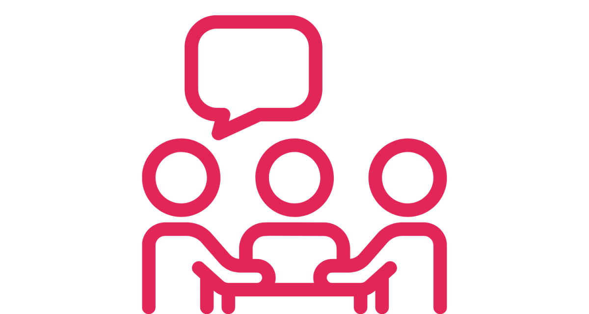 graphic of people in a meeting, with a speech bubble above their heads