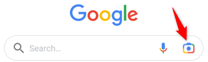 graphic of the Google search page, with two icons to the right of it, inclusing one that is of a camera. There is a red arrow pointing to this camera icon