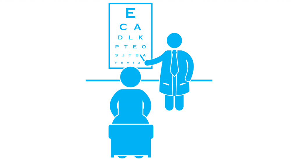graphic showing an optician standing in front of a letter chart, and a client sat on a chair in front