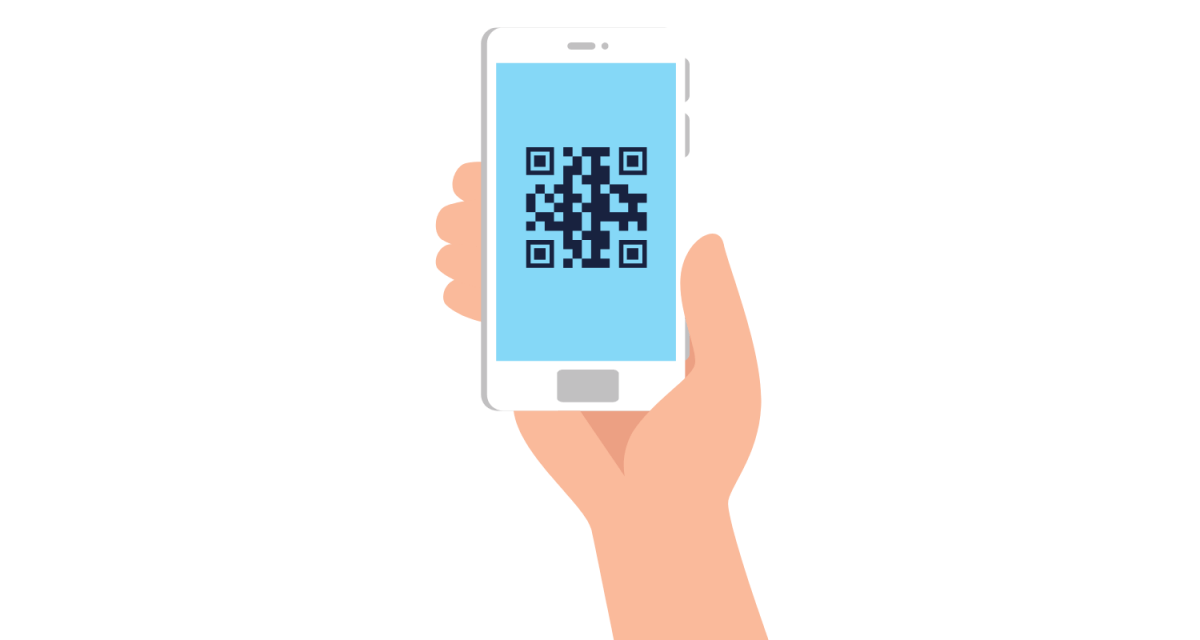 graphic of a hand holding a smart phone which has a QR code on the screen