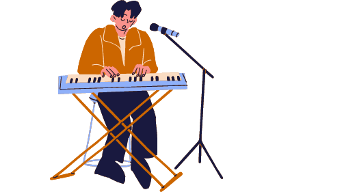 graphic of a young man sat at a piano keyboard with a microphone