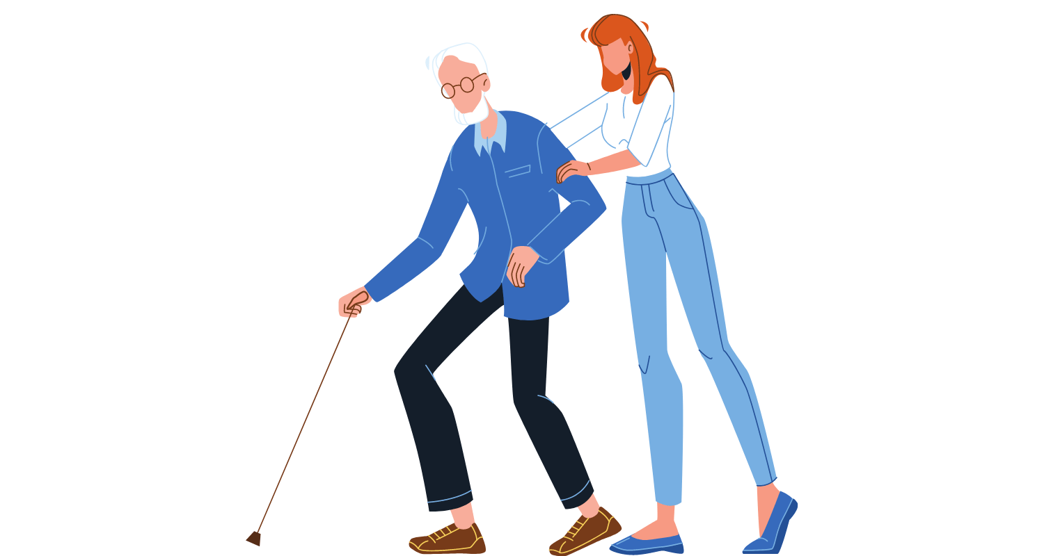 graphic of an older man with a walking stick being helped along by a young woman