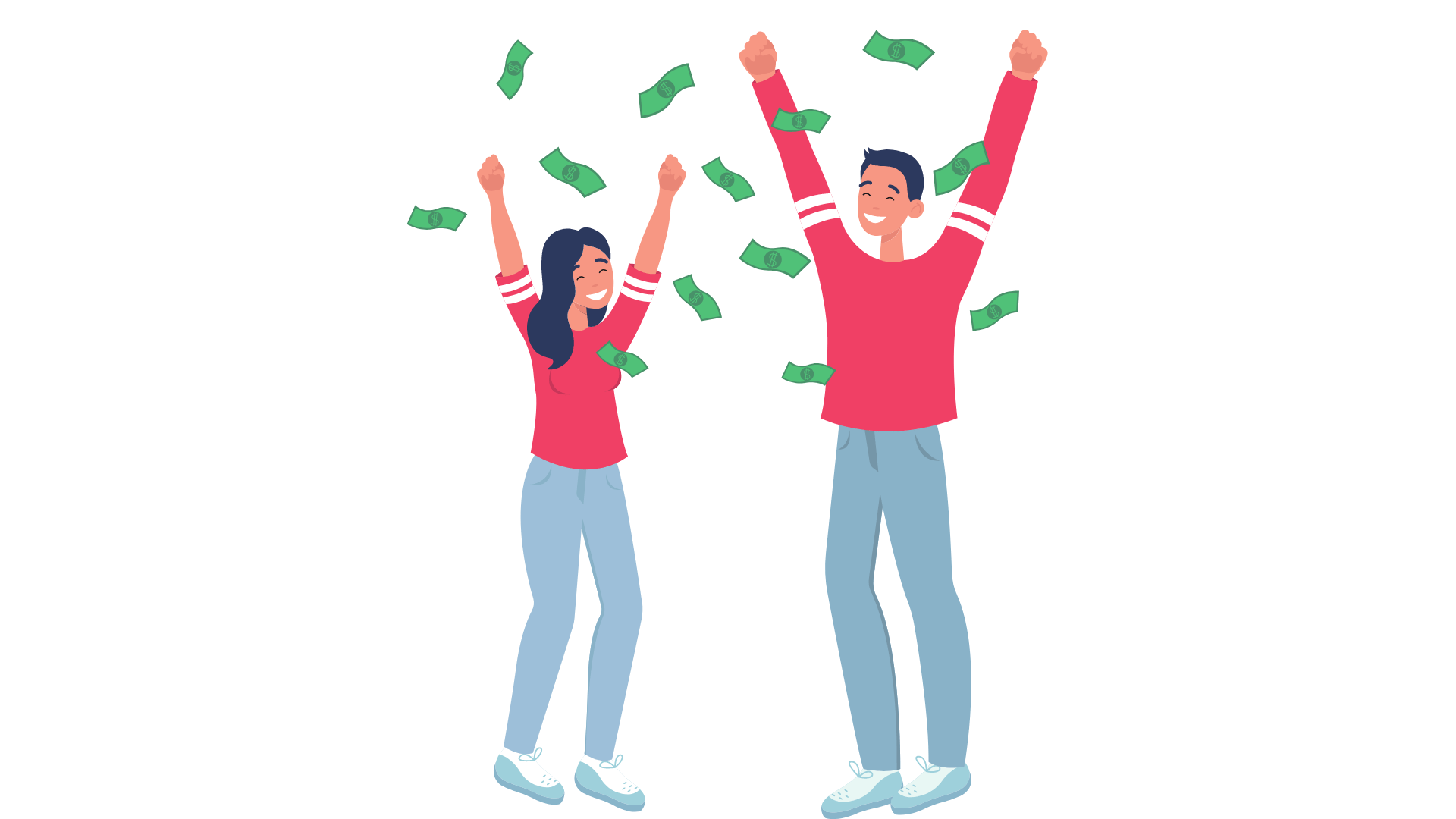 graphic of two people celebrating with their hands in the air, surrounded by money falling from above.