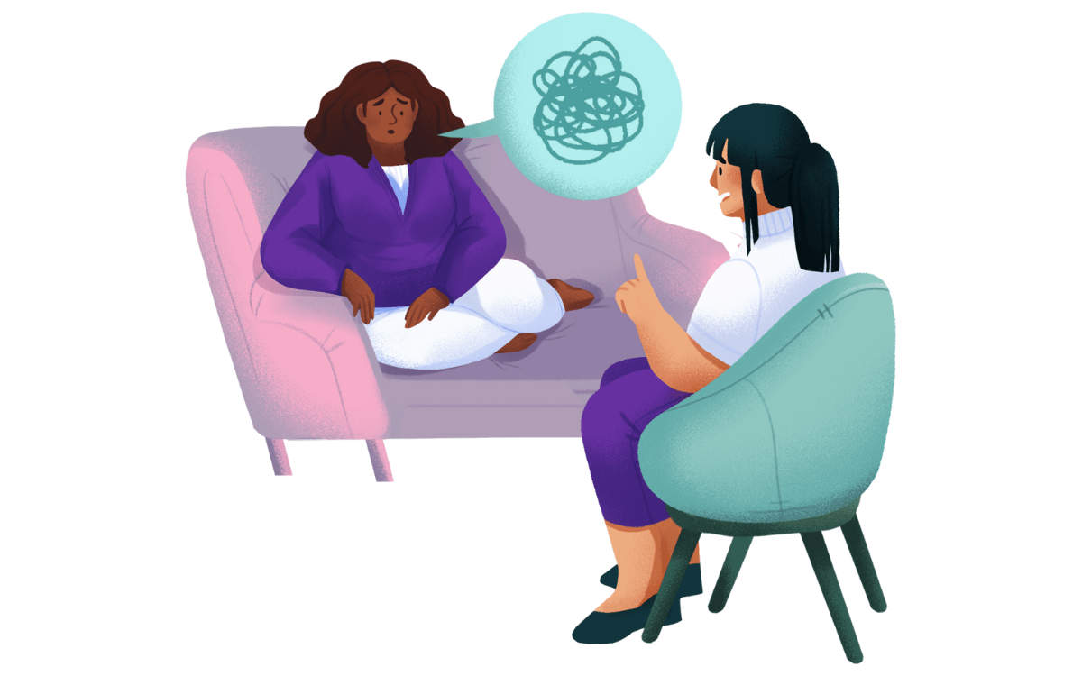graphic of two women, both sat in comfy chairs. one of whom is talking.