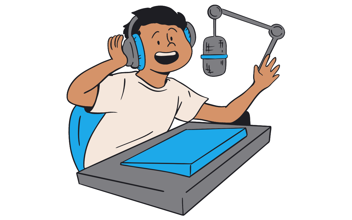graphic of a man in headphones talking into a microphone