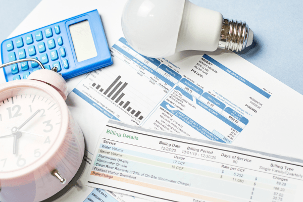 phot of various utility bills as well as a clock, calculator and lightbulb