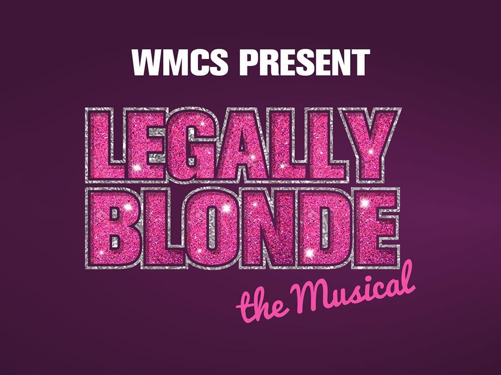 Bright pink glittery effect letters stating LWMCS present Legally Blonde the Musical