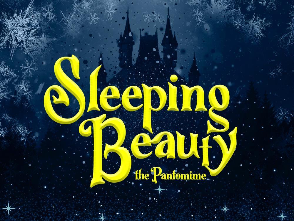 Yellow fairy-tale style writing reads Sleeping Beauty the pantomime. A dark backdrop shows the silhouette of a gothic castle.