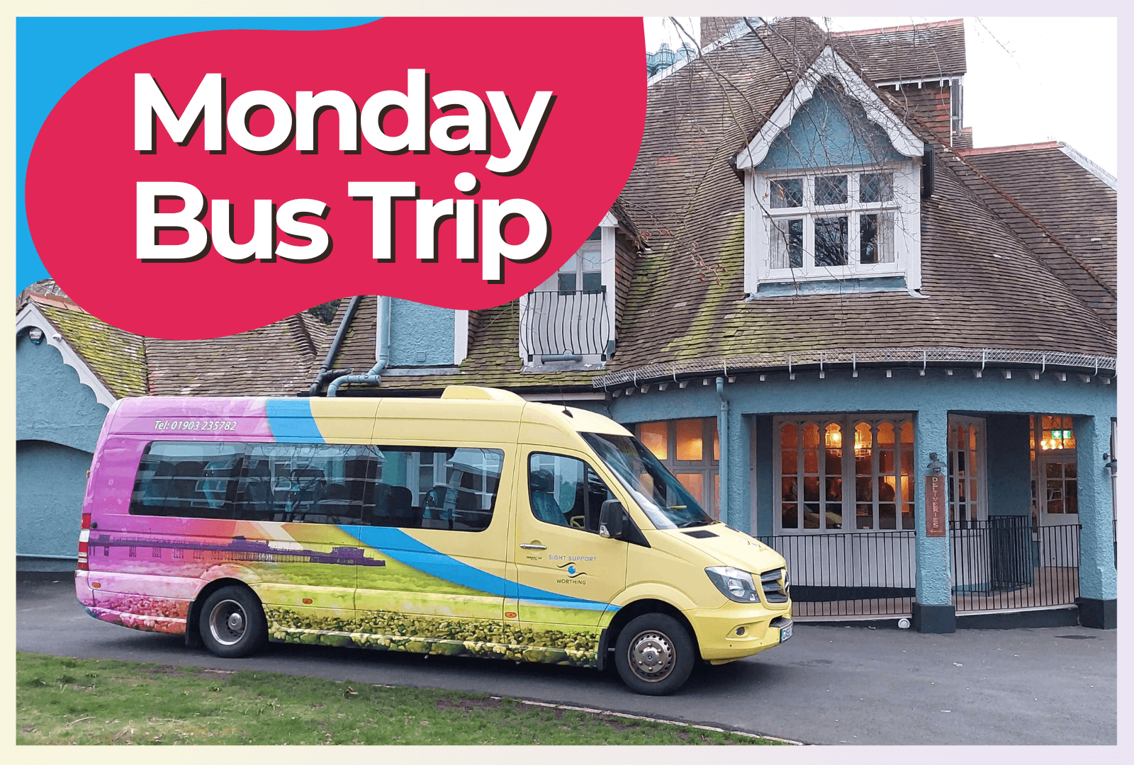 A picture of SSW's Minibus outside a pub with the text 'Monday Bus Trip' in the top left.
