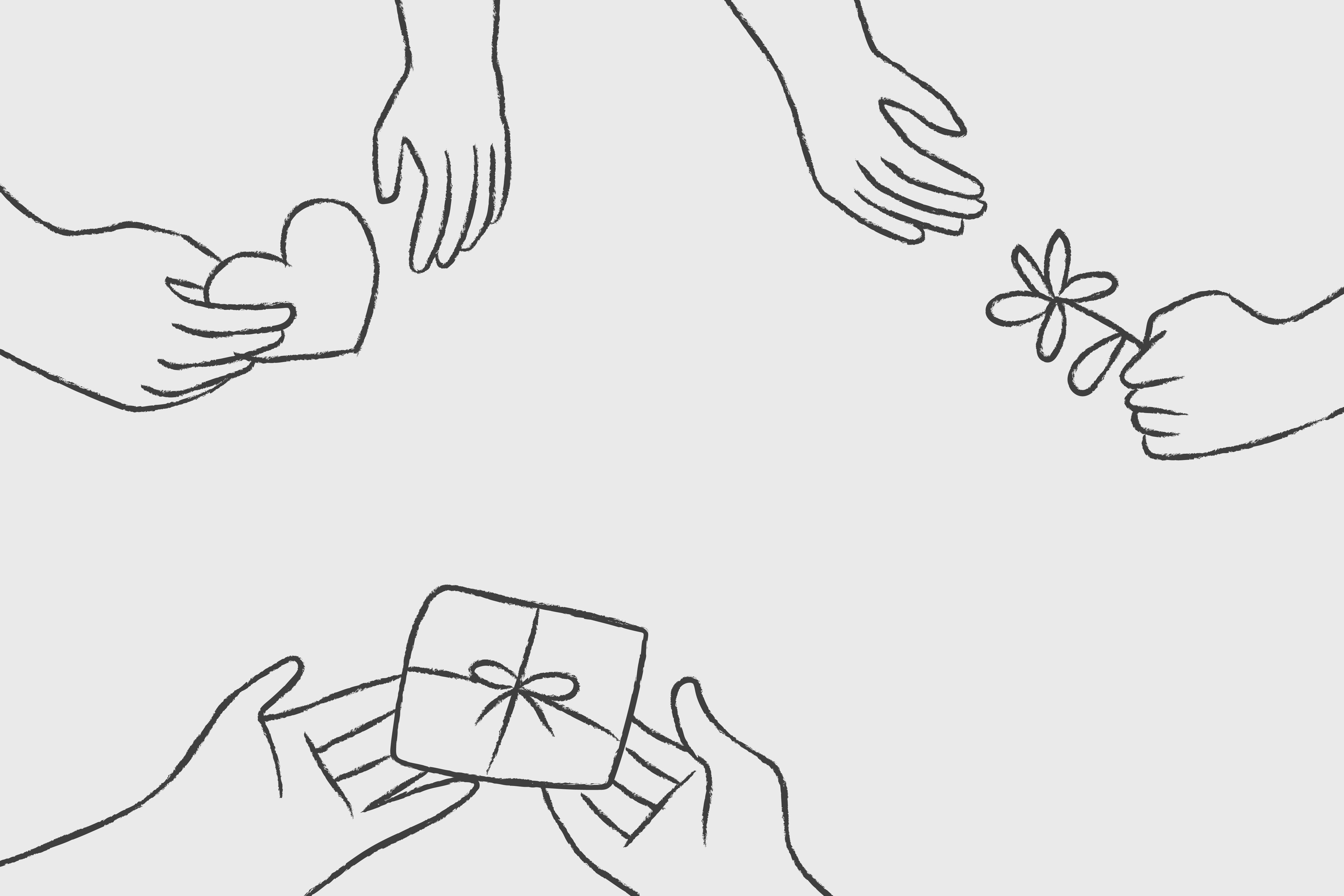 A doodle of hands giving gifts to one another.