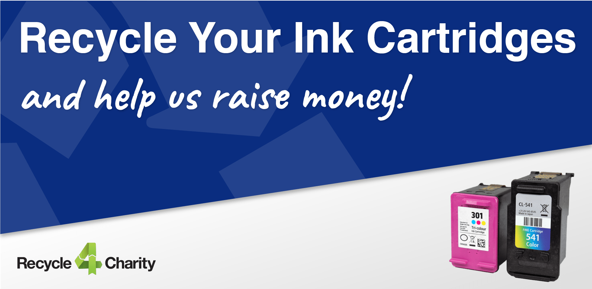 a photo of two computer print catridges, with text that reads: Recycle your ink cartridges and help us raise money!