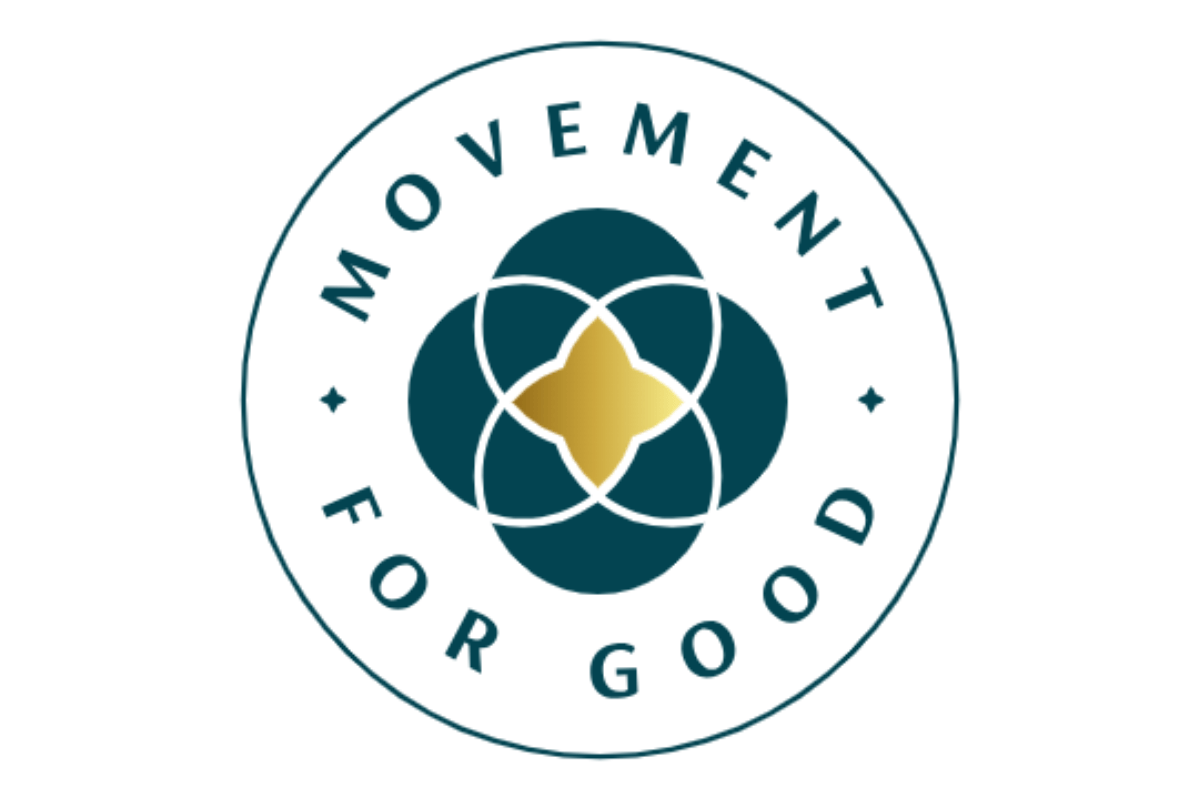the Movement for Good logo, which is a circle with the words 'Movement for Good' running around the edge. In the middle there is a symbol made up of overlapping shapes