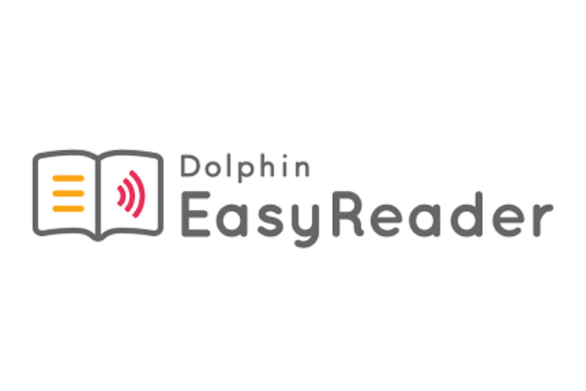 It is the logo for Dolphin EasyReader and includes text stating this and an icon of an open book.