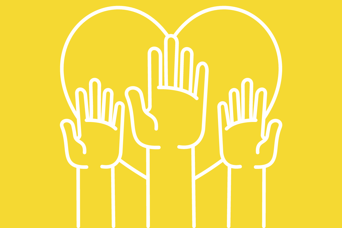 a graphic of three raised hands with a heart in the background