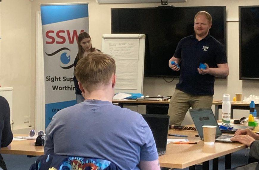 James and Susannah delivering a VI awareness workshop to a group of people