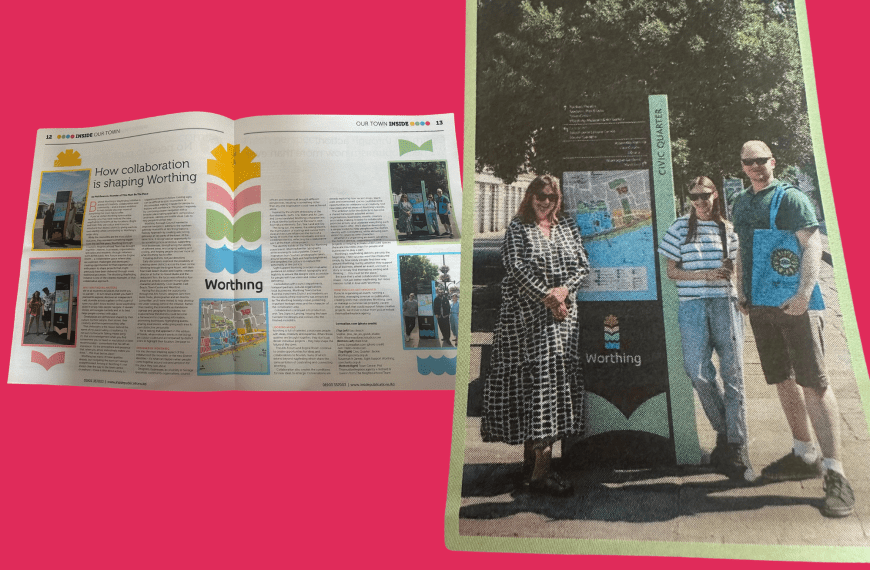 shots of Inside Worthing magazine showing a wayfinding initiative articile that features SSW