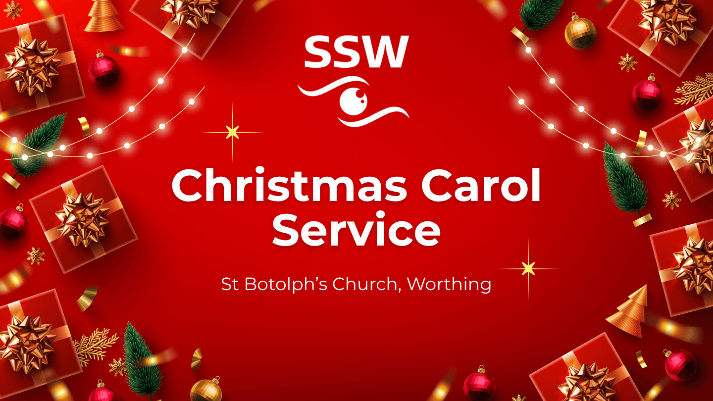 Christmas presents, baubles, lights and decorations. Text reads: Christmas Carol Service. St Botolph's Church, Worthing