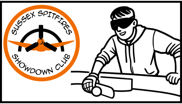 line drawing of someone playing showdown, plus the logo of the Sussex Spitfires Showdown Club